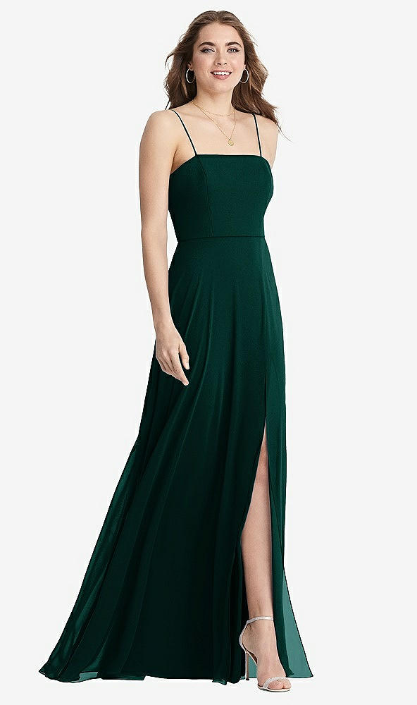 Front View - Evergreen Square Neck Chiffon Maxi Dress with Front Slit - Elliott