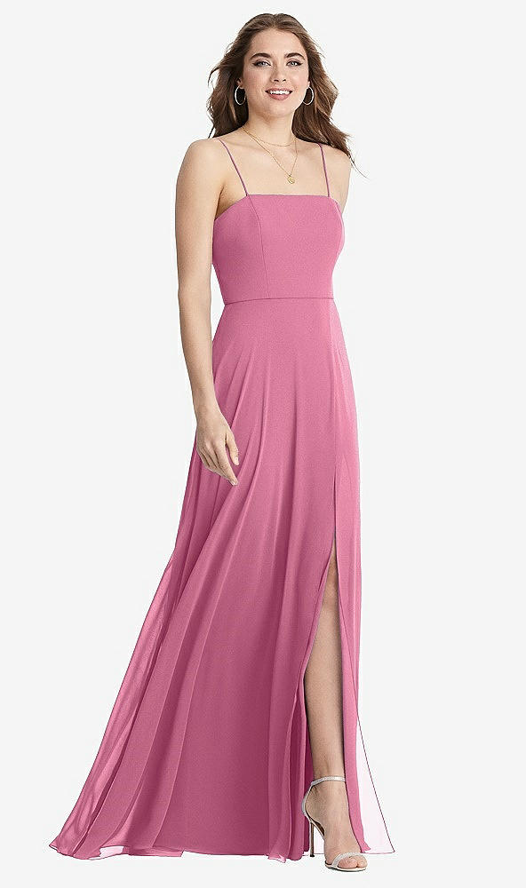 Front View - Orchid Pink Square Neck Chiffon Maxi Dress with Front Slit - Elliott