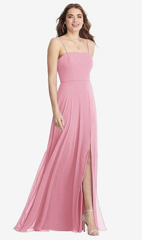 Front View - Peony Pink Square Neck Chiffon Maxi Dress with Front Slit - Elliott