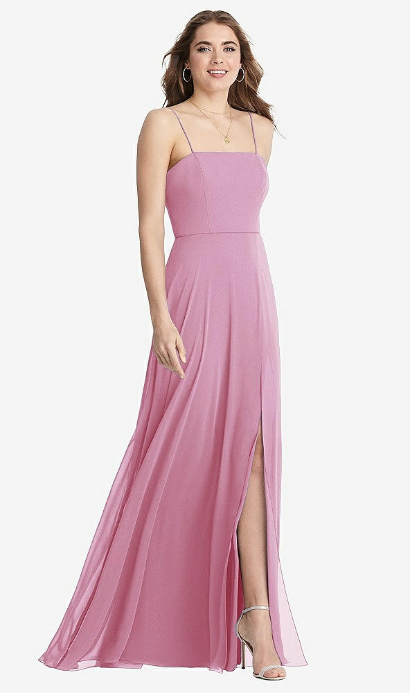 Front View - Powder Pink Square Neck Chiffon Maxi Dress with Front Slit - Elliott