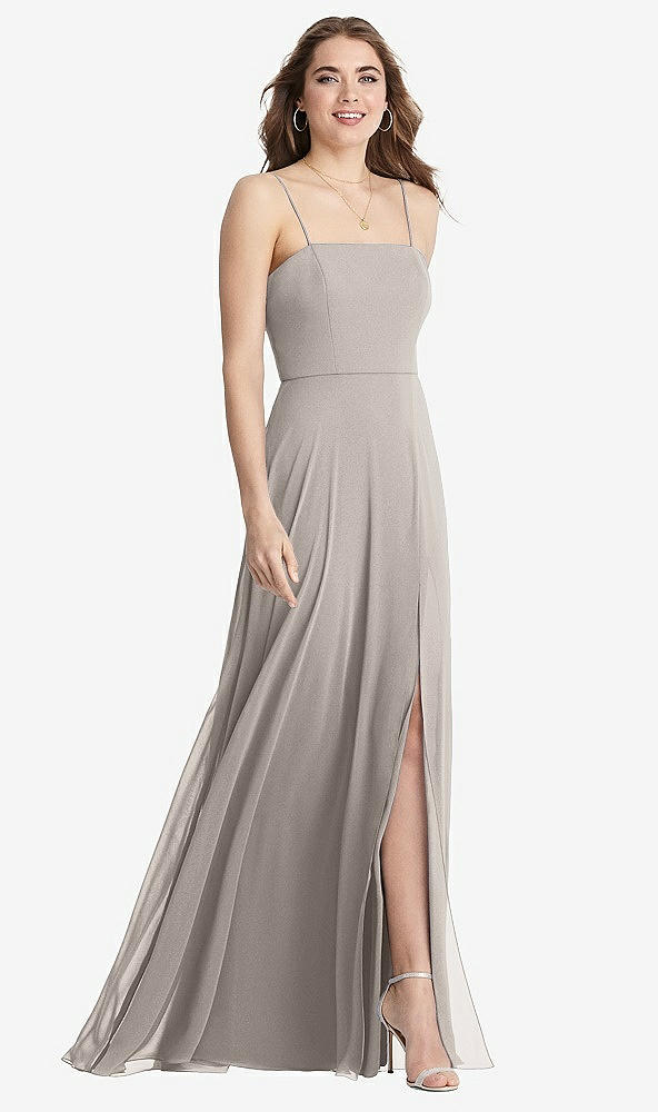 Front View - Taupe Square Neck Chiffon Maxi Dress with Front Slit - Elliott