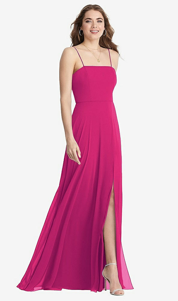Front View - Think Pink Square Neck Chiffon Maxi Dress with Front Slit - Elliott