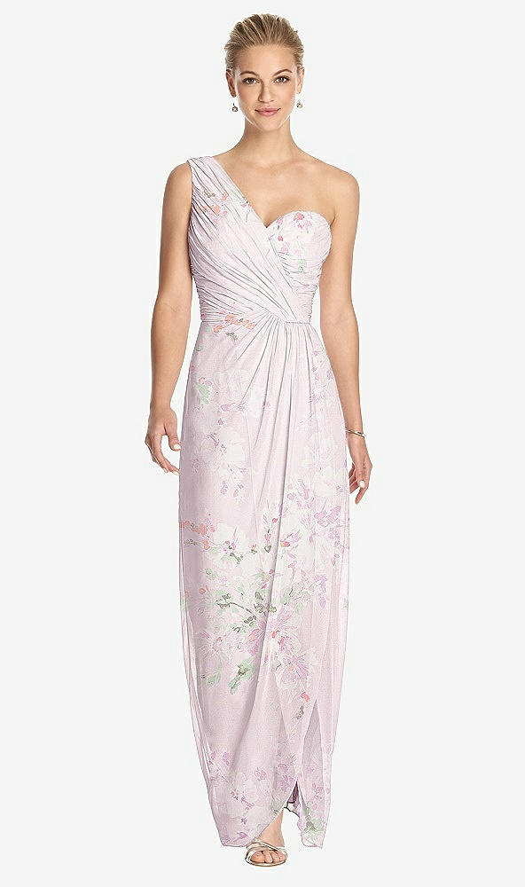 Front View - Watercolor Print One-Shoulder Draped Maxi Dress with Front Slit - Aeryn