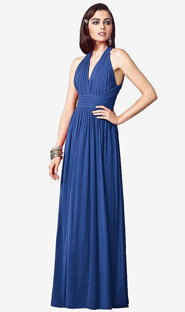 Front View - Classic Blue Ruched Halter Open-Back Maxi Dress - Jada