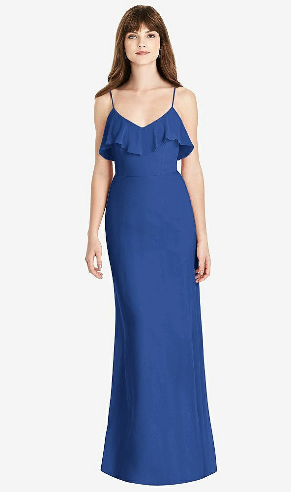 Front View - Classic Blue Ruffle-Trimmed Backless Maxi Dress