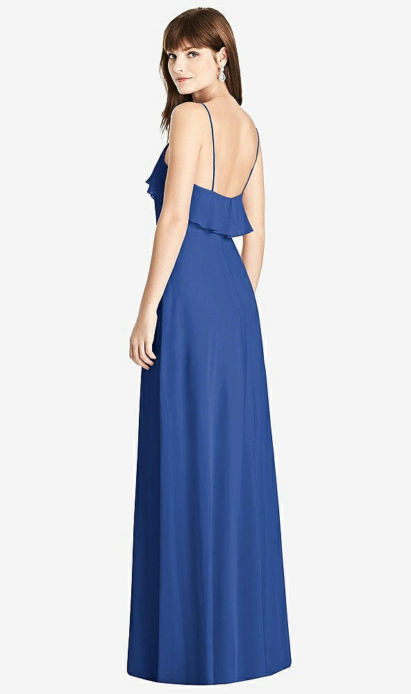 Back View - Classic Blue Ruffle-Trimmed Backless Maxi Dress