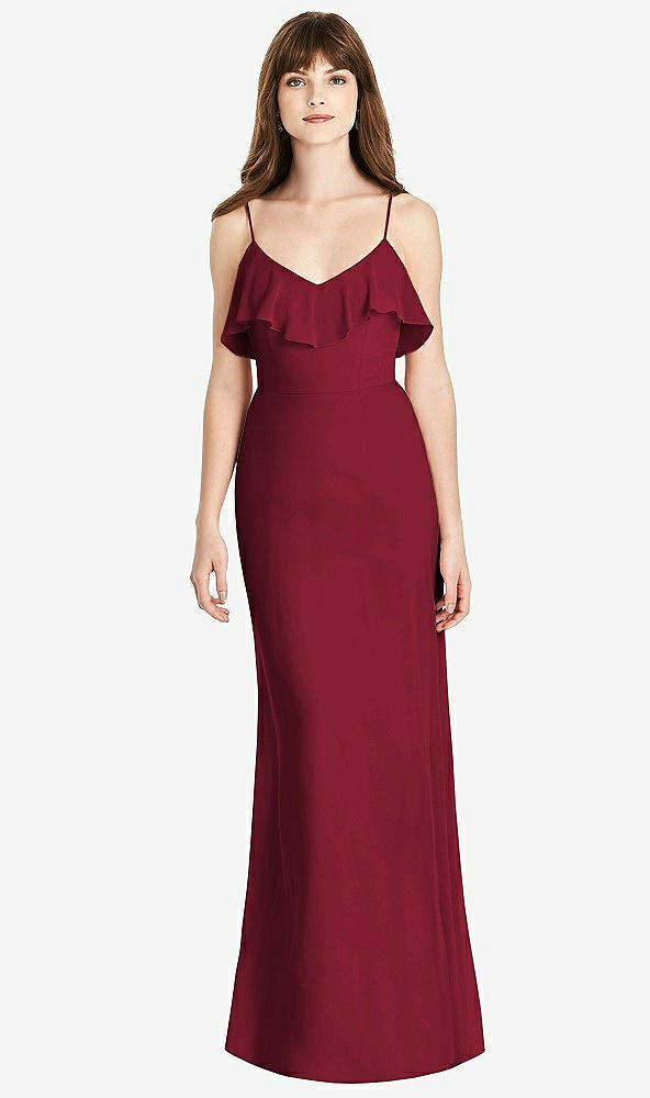 Front View - Burgundy Ruffle-Trimmed Backless Maxi Dress