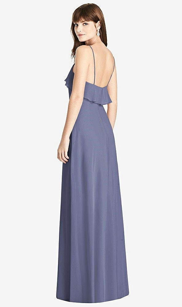 Back View - French Blue Ruffle-Trimmed Backless Maxi Dress
