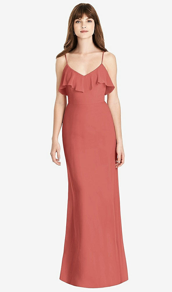 Front View - Coral Pink Ruffle-Trimmed Backless Maxi Dress