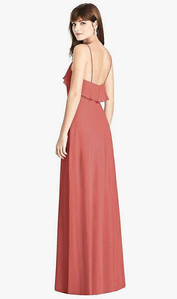 Back View - Coral Pink Ruffle-Trimmed Backless Maxi Dress