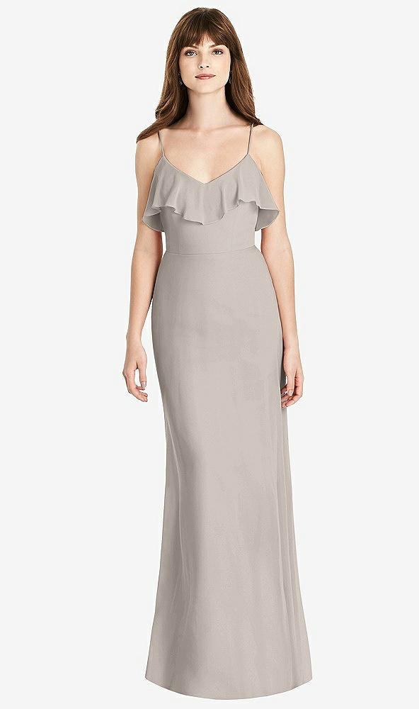 Front View - Taupe Ruffle-Trimmed Backless Maxi Dress