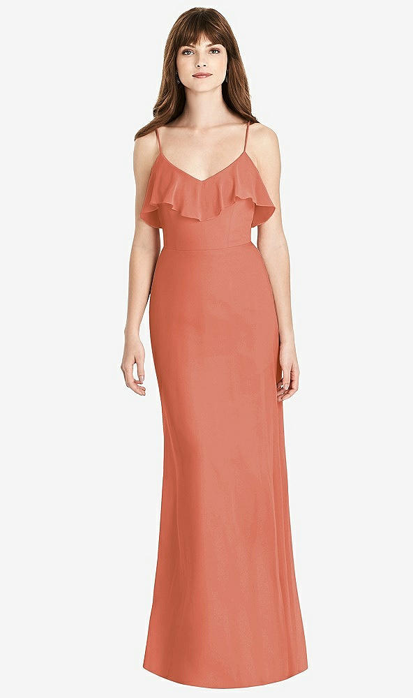 Front View - Terracotta Copper Ruffle-Trimmed Backless Maxi Dress
