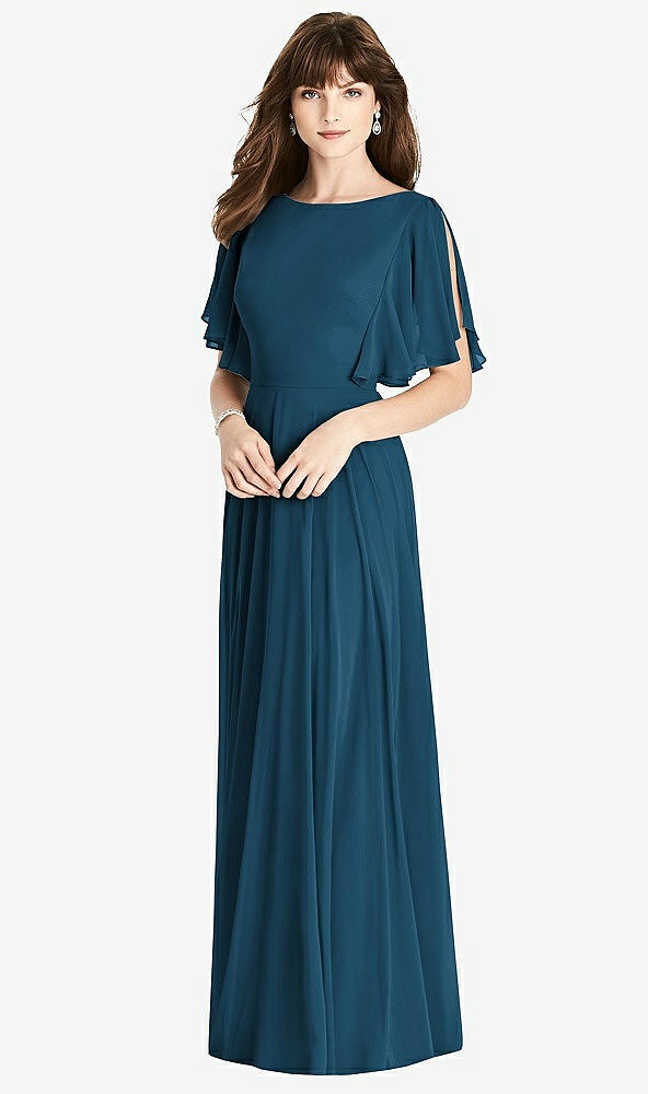 Back View - Atlantic Blue Split Sleeve Backless Maxi Dress - Lila
