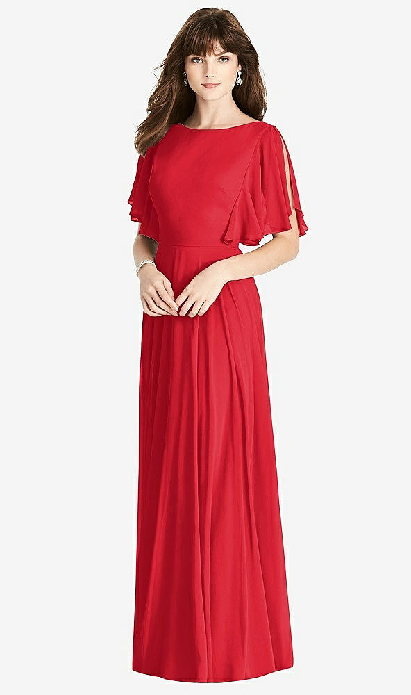 Back View - Parisian Red Split Sleeve Backless Maxi Dress - Lila
