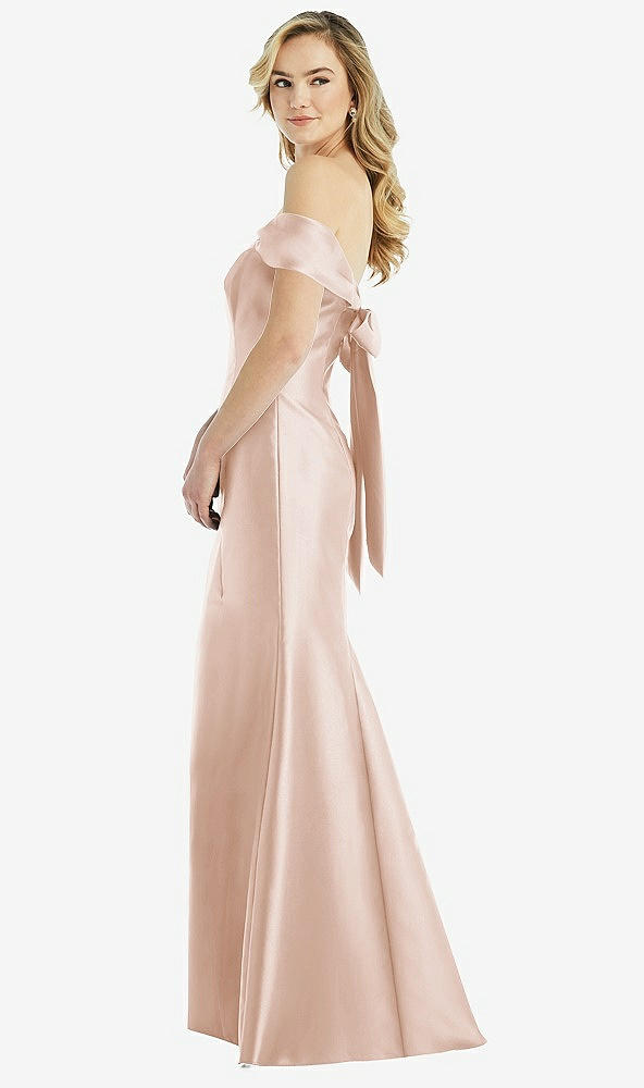 Front View - Cameo Off-the-Shoulder Bow-Back Satin Trumpet Gown