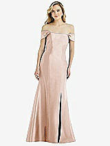 Side View Thumbnail - Cameo Off-the-Shoulder Bow-Back Satin Trumpet Gown