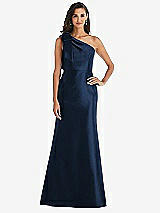 Alt View 1 Thumbnail - Midnight Navy Bow One-Shoulder Satin Trumpet Gown