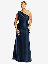 Front View Thumbnail - Midnight Navy Bow One-Shoulder Satin Trumpet Gown