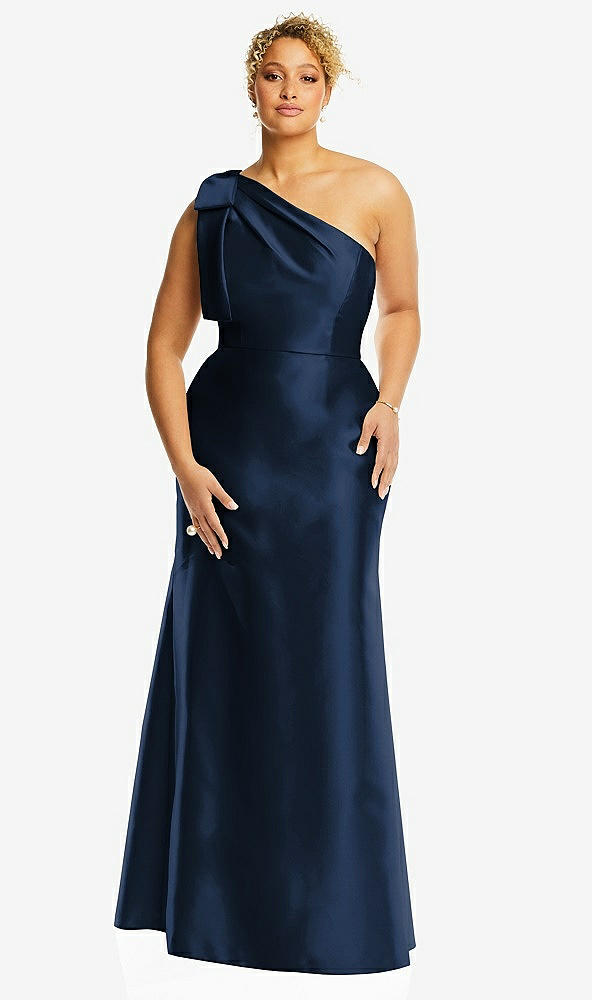 Front View - Midnight Navy Bow One-Shoulder Satin Trumpet Gown