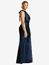 Side View Thumbnail - Midnight Navy Bow One-Shoulder Satin Trumpet Gown