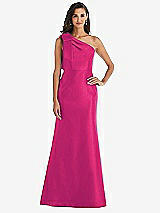 Alt View 1 Thumbnail - Think Pink Bow One-Shoulder Satin Trumpet Gown