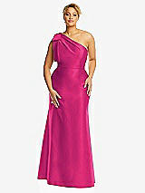 Front View Thumbnail - Think Pink Bow One-Shoulder Satin Trumpet Gown