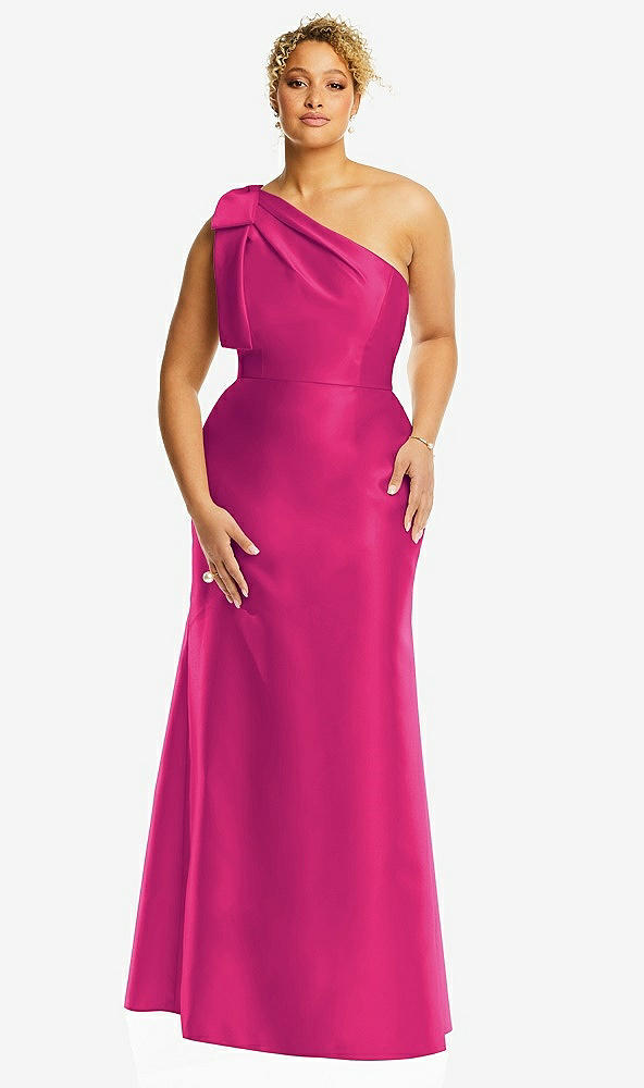 Front View - Think Pink Bow One-Shoulder Satin Trumpet Gown