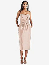 Front View Thumbnail - Cameo Strapless Bow-Waist Pleated Satin Pencil Dress with Pockets