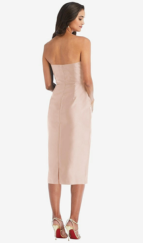 Back View - Cameo Strapless Bow-Waist Pleated Satin Pencil Dress with Pockets