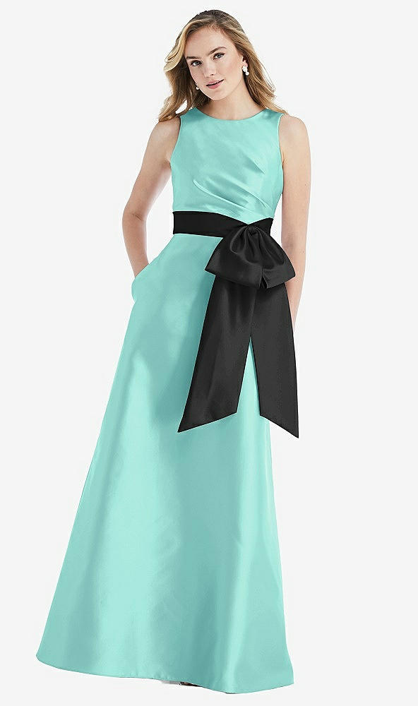 Front View - Coastal & Black High-Neck Bow-Waist Maxi Dress with Pockets