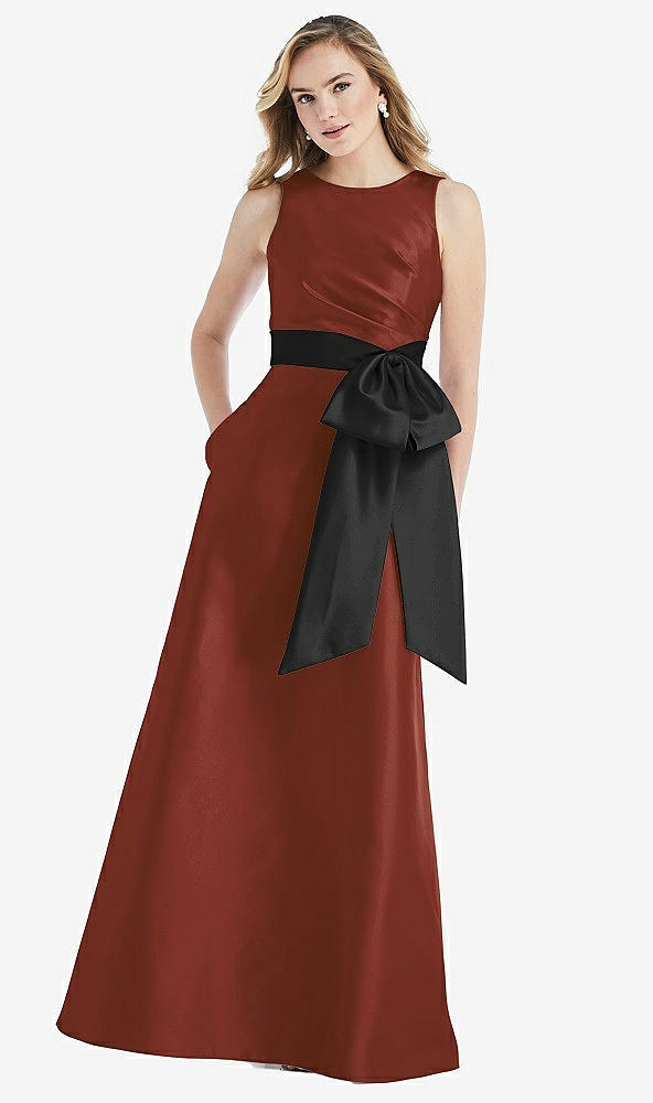 Front View - Auburn Moon & Black High-Neck Bow-Waist Maxi Dress with Pockets