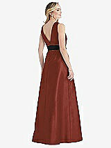 Rear View Thumbnail - Auburn Moon & Black High-Neck Bow-Waist Maxi Dress with Pockets