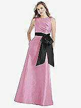 Front View Thumbnail - Powder Pink & Black High-Neck Bow-Waist Maxi Dress with Pockets