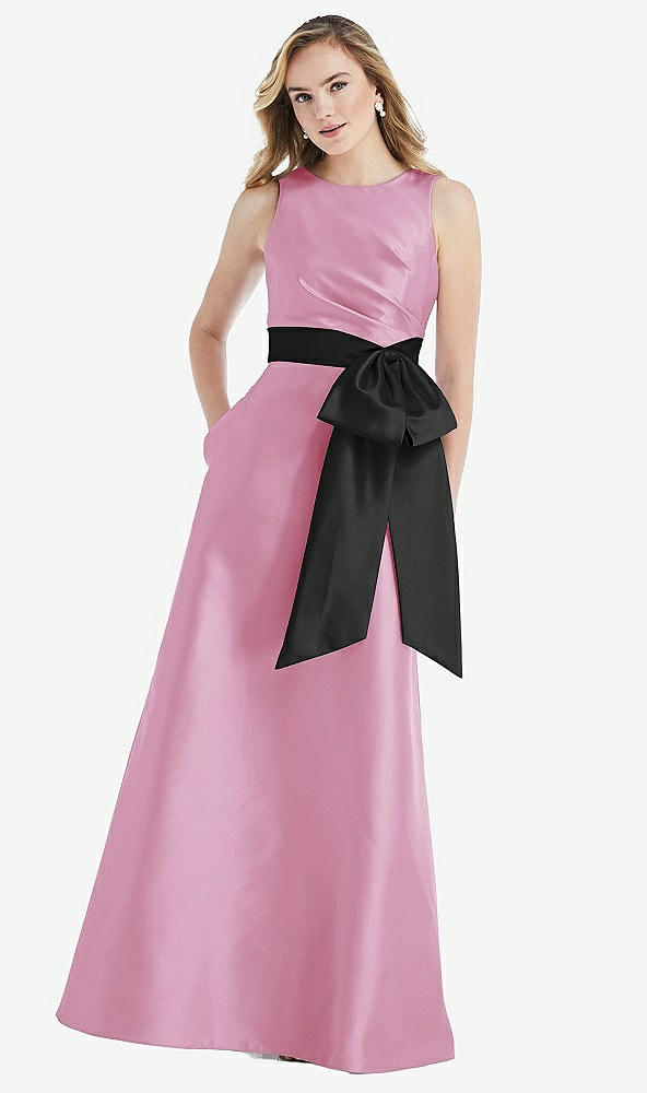 Front View - Powder Pink & Black High-Neck Bow-Waist Maxi Dress with Pockets