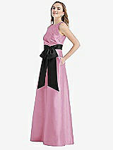 Side View Thumbnail - Powder Pink & Black High-Neck Bow-Waist Maxi Dress with Pockets