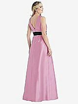 Rear View Thumbnail - Powder Pink & Black High-Neck Bow-Waist Maxi Dress with Pockets