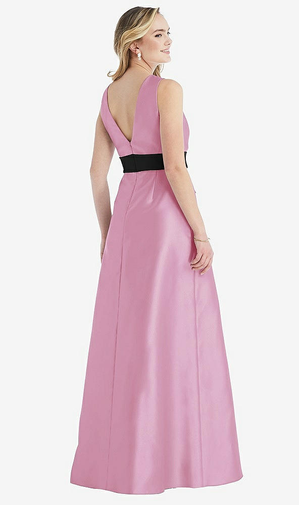 Back View - Powder Pink & Black High-Neck Bow-Waist Maxi Dress with Pockets