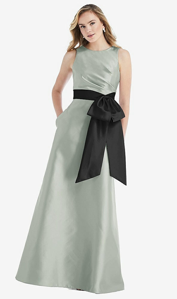 Front View - Willow Green & Black High-Neck Bow-Waist Maxi Dress with Pockets