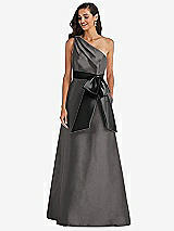 Front View Thumbnail - Caviar Gray & Black One-Shoulder Bow-Waist Maxi Dress with Pockets