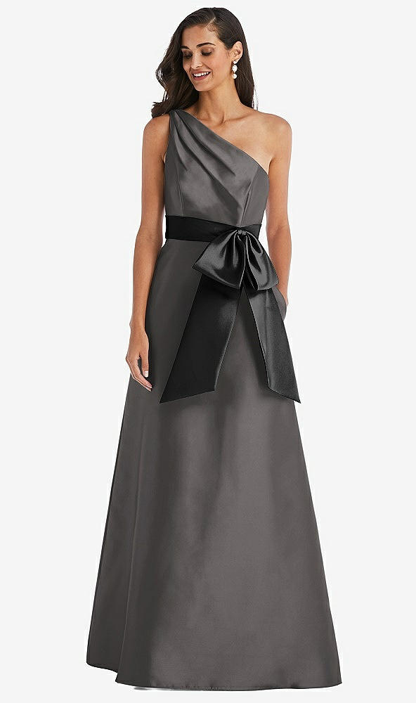 Front View - Caviar Gray & Black One-Shoulder Bow-Waist Maxi Dress with Pockets