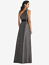 Rear View Thumbnail - Caviar Gray & Black One-Shoulder Bow-Waist Maxi Dress with Pockets