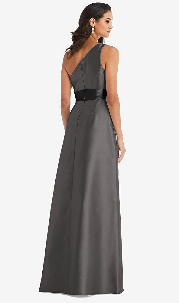 Back View - Caviar Gray & Black One-Shoulder Bow-Waist Maxi Dress with Pockets