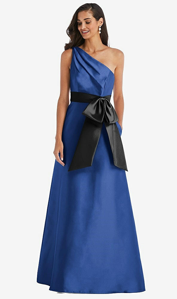 Front View - Classic Blue & Black One-Shoulder Bow-Waist Maxi Dress with Pockets