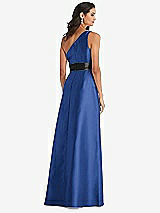 Rear View Thumbnail - Classic Blue & Black One-Shoulder Bow-Waist Maxi Dress with Pockets