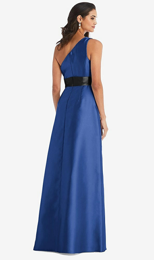 Back View - Classic Blue & Black One-Shoulder Bow-Waist Maxi Dress with Pockets