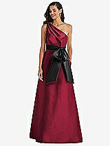 Front View Thumbnail - Burgundy & Black One-Shoulder Bow-Waist Maxi Dress with Pockets