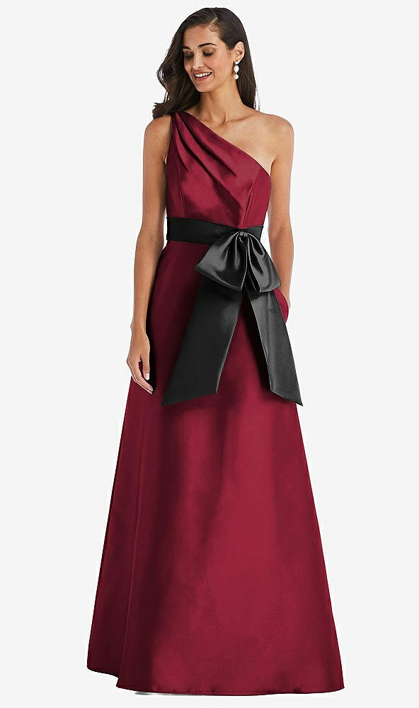 Front View - Burgundy & Black One-Shoulder Bow-Waist Maxi Dress with Pockets