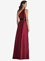 Rear View Thumbnail - Burgundy & Black One-Shoulder Bow-Waist Maxi Dress with Pockets