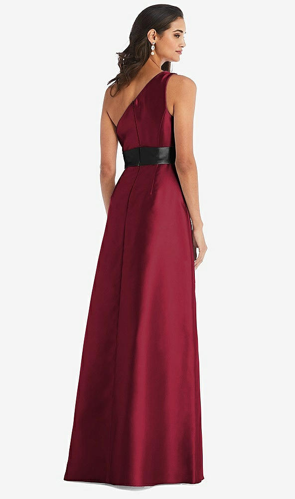 Back View - Burgundy & Black One-Shoulder Bow-Waist Maxi Dress with Pockets