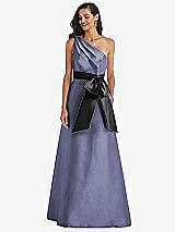 Front View Thumbnail - French Blue & Black One-Shoulder Bow-Waist Maxi Dress with Pockets